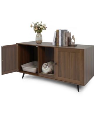 Double Cat Litter Box Enclosure with Scratching Pad and 2 Rooms