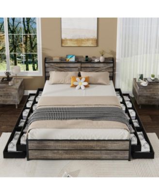 Queen Size Bed Frame with Storage Headboard, 12 Drawers, USB Charging Station, All-Metal Support, No Box Spring Needed