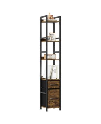 6-Tier Tall Narrow Industrial Bookshelf with 2 Fabric Drawers, Metal Frame