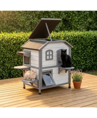 2 Story Wooden Outdoor Cat House Weatherproof Enclosure with Openable Roof