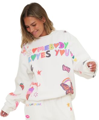 Juniors' Somebody Loves You Graphic Oversized Long-Sleeve Crewneck Sweatshirt