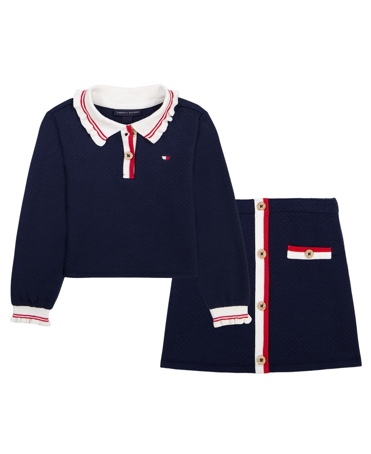Tommy Hilfiger Girls' 2T-6X Ruffled Collared Top and Skirt, 2-Piece Set
