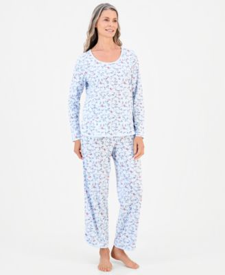 Women's Pima Cotton Long-Sleeve Scoop Neck Pajama Top and Pants Set