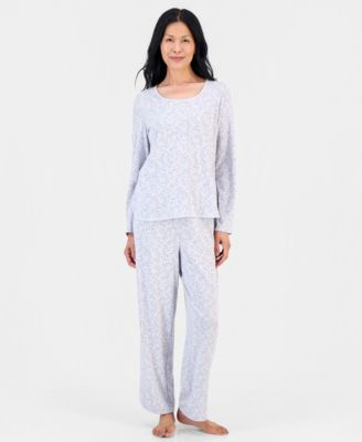 Women's Pima Cotton Long-Sleeve Scoop Neck Pajama Top and Pants Set