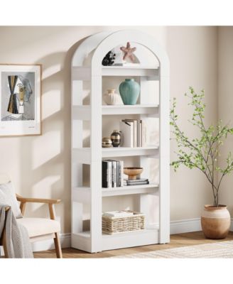 70.87" Tall Arched Bookshelf, Rustic Oak Bookcase with 5-Tier Storage, Modern Decorative Display Shelf