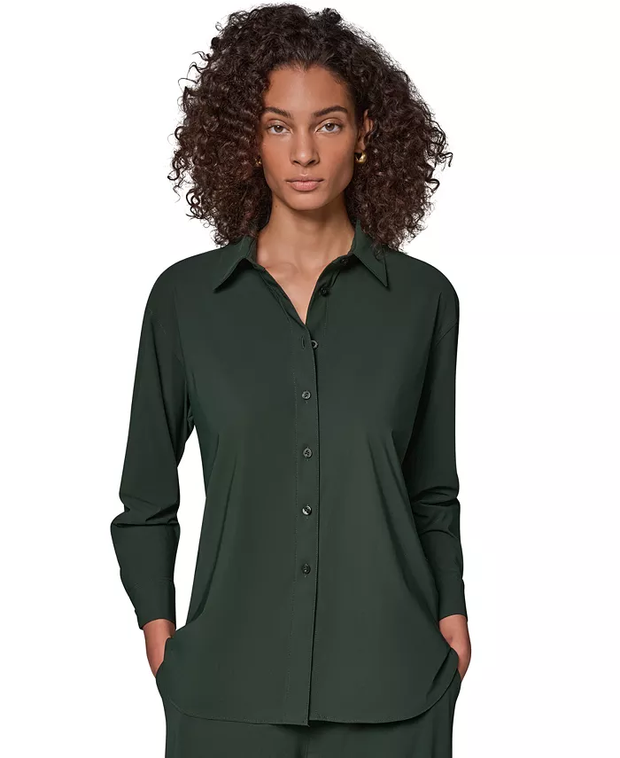 Women's Long-Sleeve Button-Front 4-Way Stretch-Knit Top - thumbnail 4