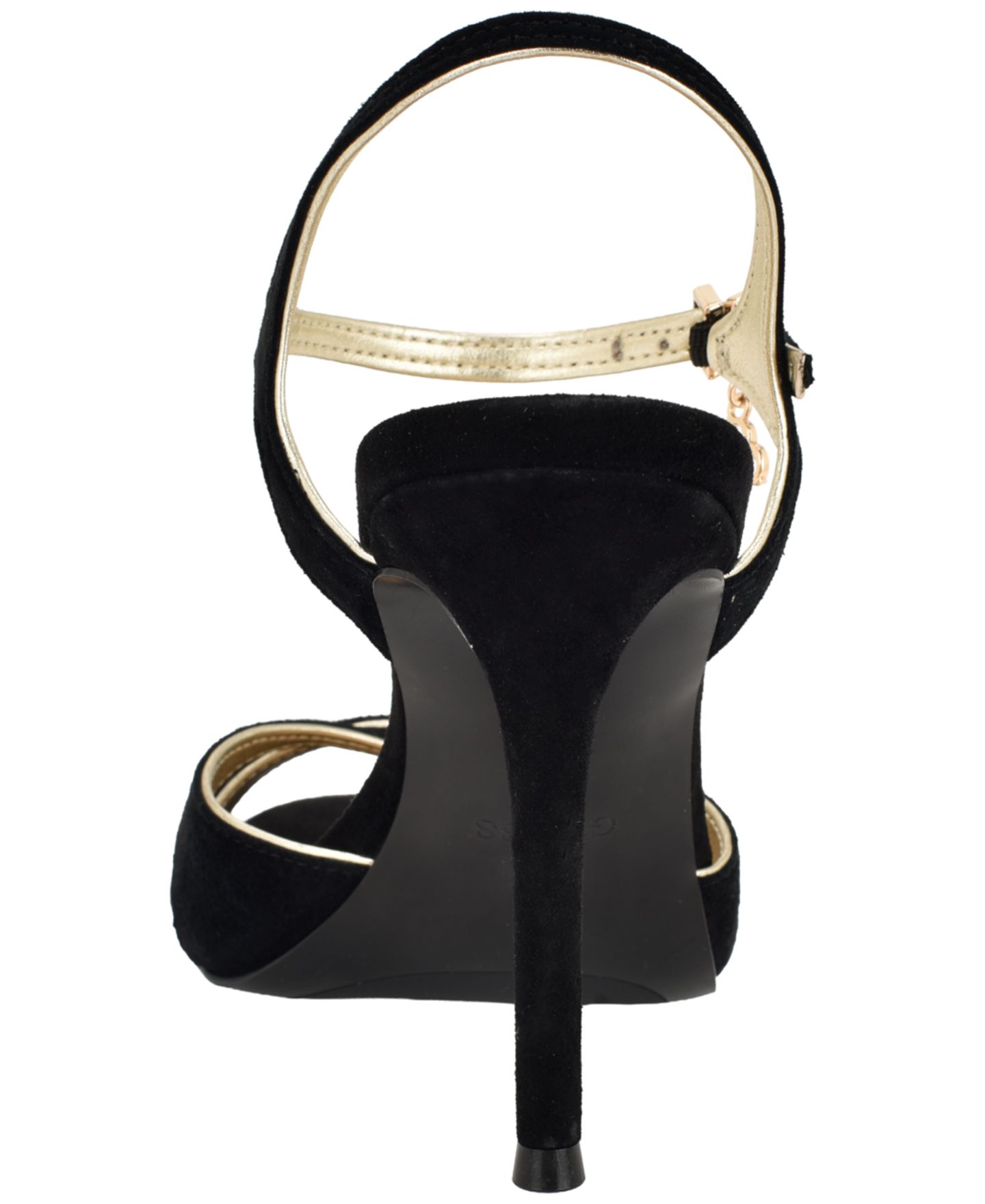 Женские сандалии GUESS Chaylen Suede Ankle Charms Stiletto Dress Sandals, цвет: Чёрный / Золотой — фото 3