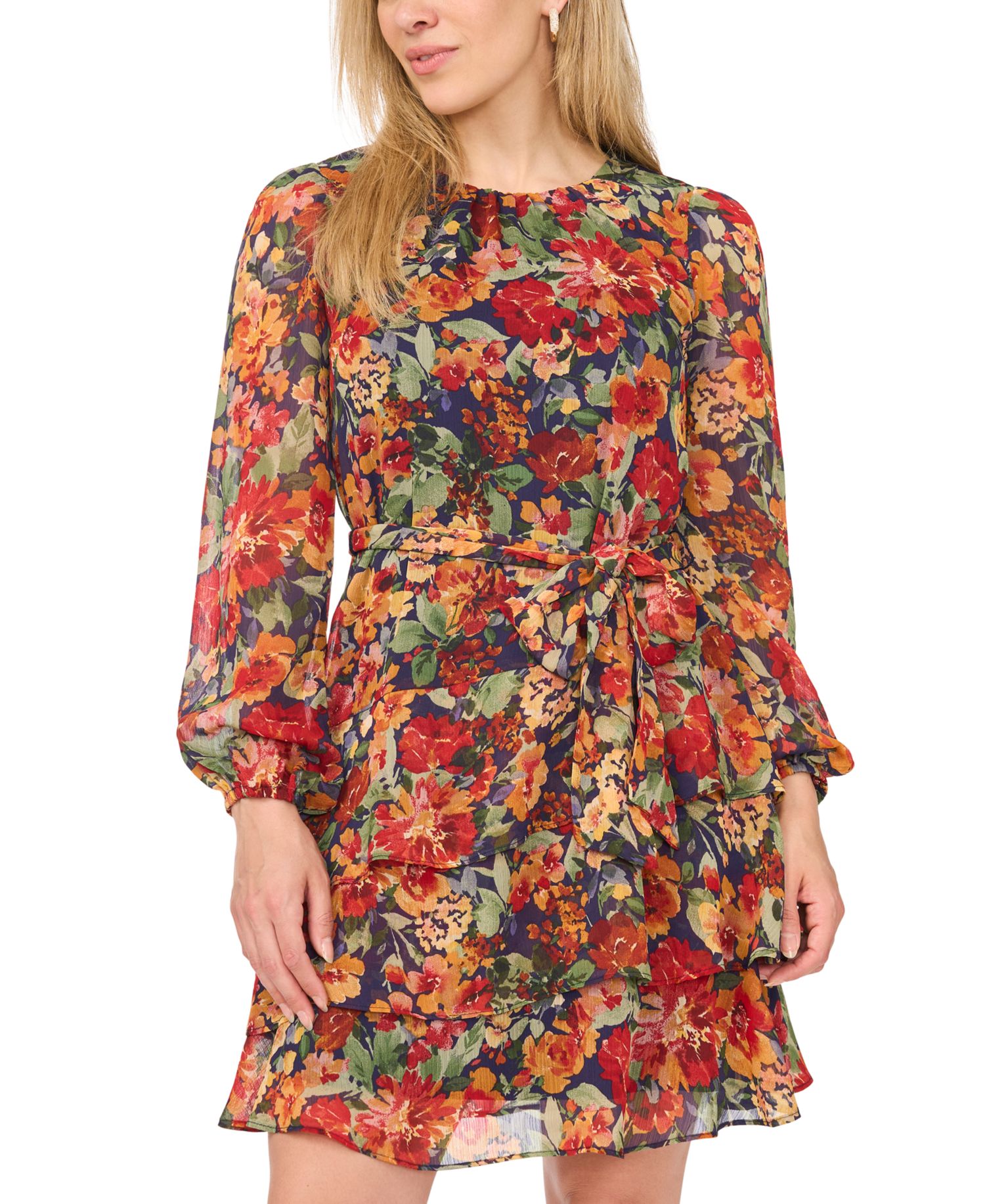 Petite Floral-Print Tiered 3/4-Sleeve Chiffon Dress