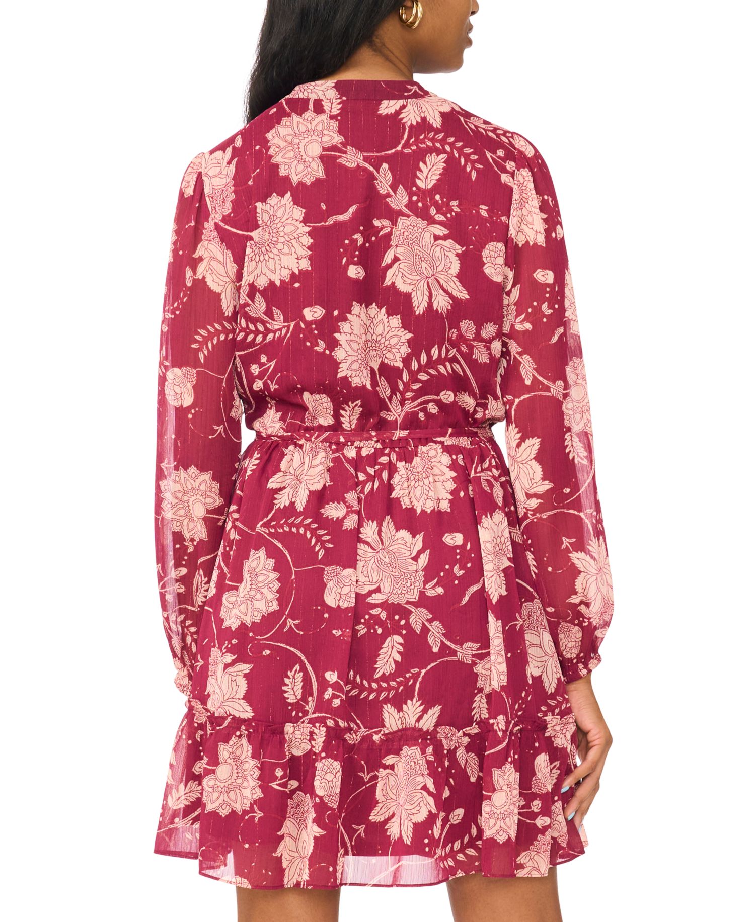 Petite Long-Sleeve Floral-Print Belted Chiffon Shirt Dress