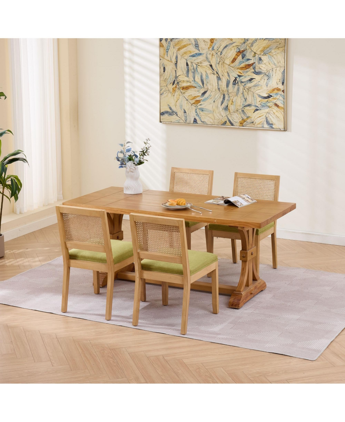 Maison Boucle Mid Century Modern Dining Chairs Set of 2, Farmhouse Rattan Cane Back Side Chairs, Linen Upholstered Seat, Solid Wood Frame