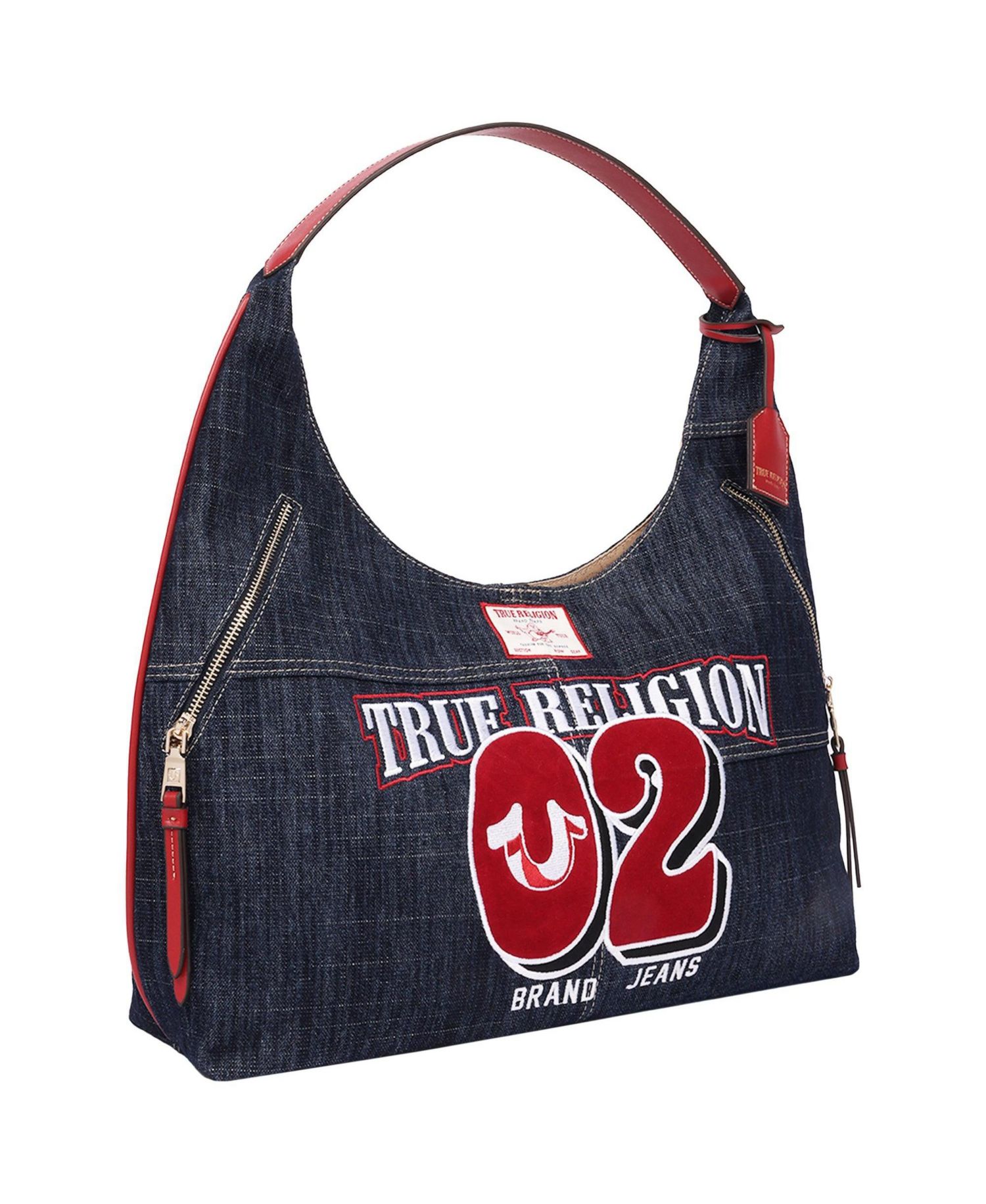 Varsity Logo Zip Pocket Denim Hobo Bag – Dark Denim Shoulder Purse