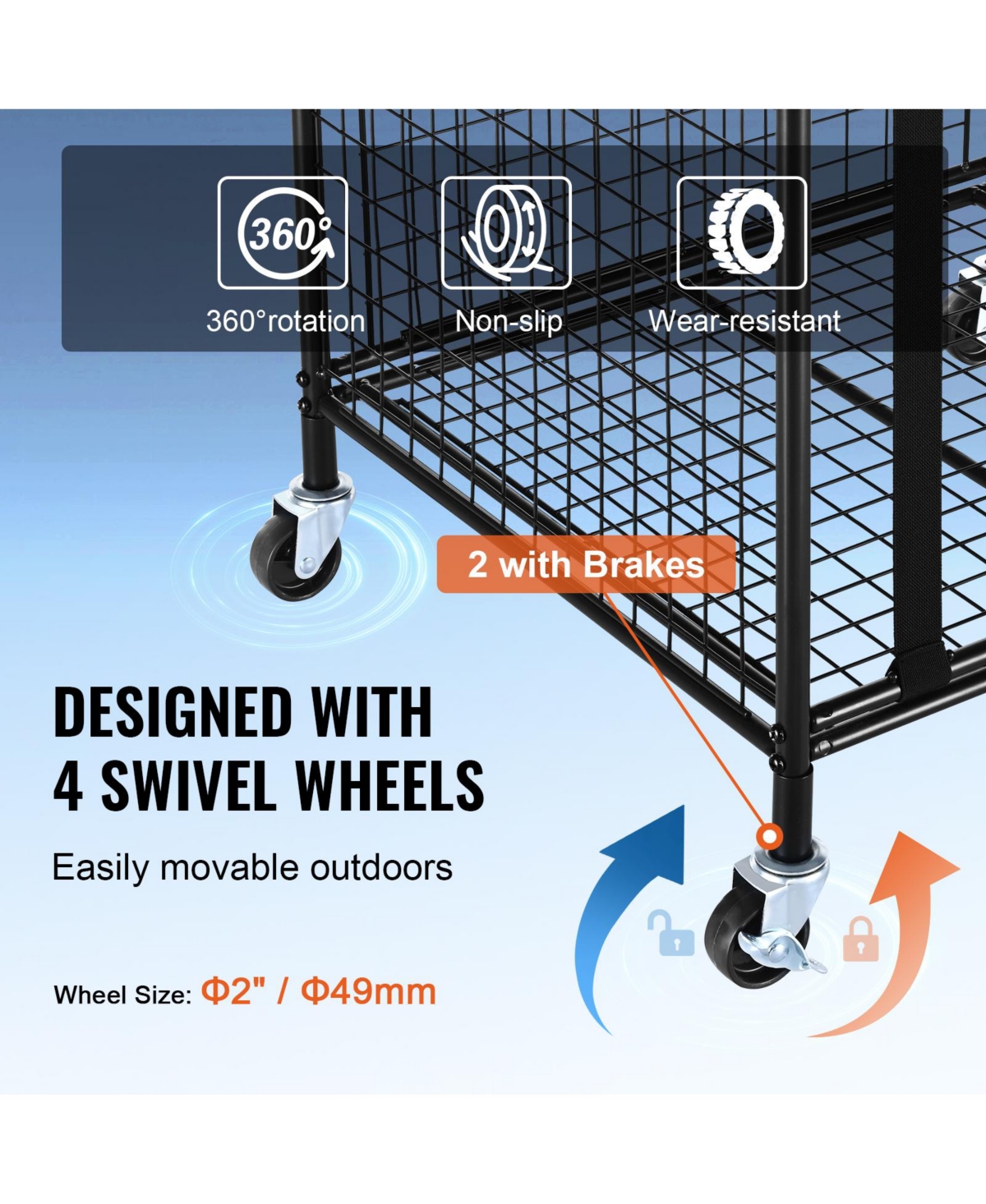 Sevorley Rolling Sports Ball Storage Cart, Lockable Steel Ball Cage Organizer with Elastic Straps and Wheels