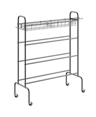 4-Tier Rolling Basketball Rack, Sports Ball Storage Organizer with Wheels, Hooks, and Baskets