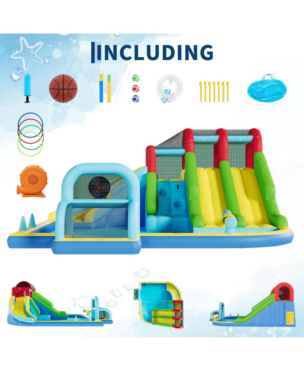 homfan 3 Water Slides Inflatable Bounce House with Water Blasters, 15.35" x 15.35" x 32.28", Accommodates 1-6 Kids, Ages 3-10