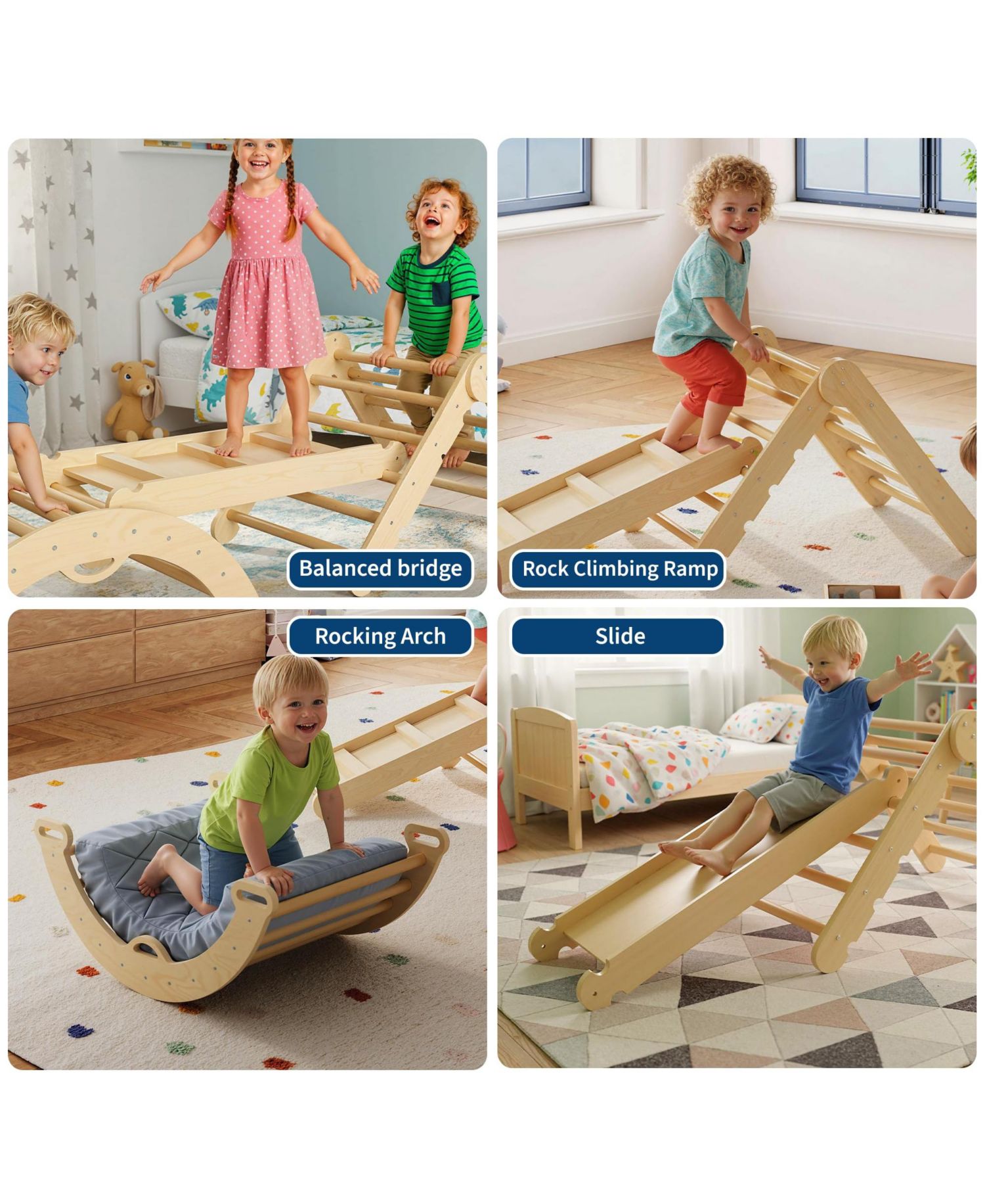 7-in-1 Educational Wooden Climbing Frame Triangle Climbing Set for Toddlers – Collapsible Triangle, Arch, Ramp and Ladder