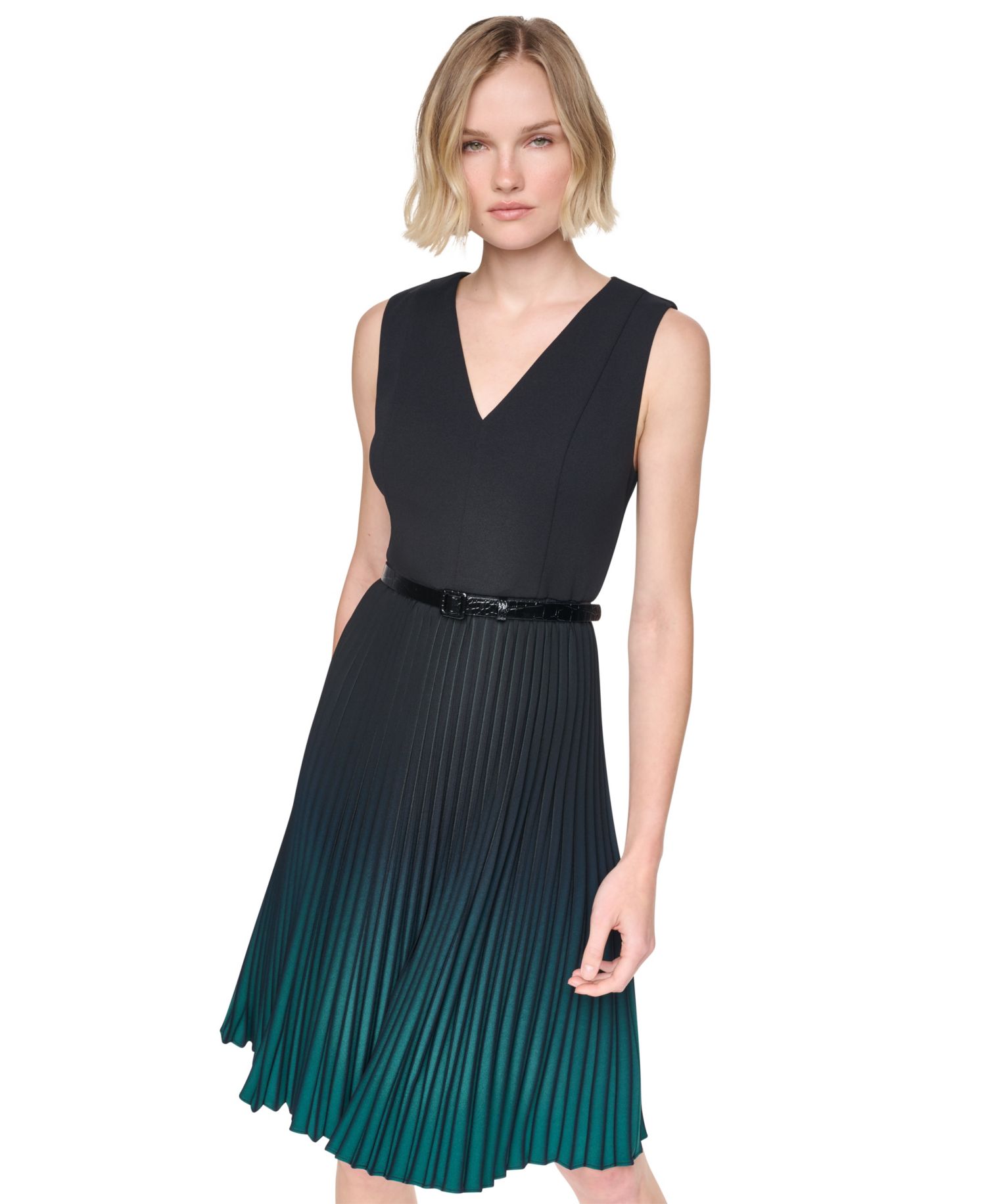 Women's Belted Ombre Pleat V-Neck Dress