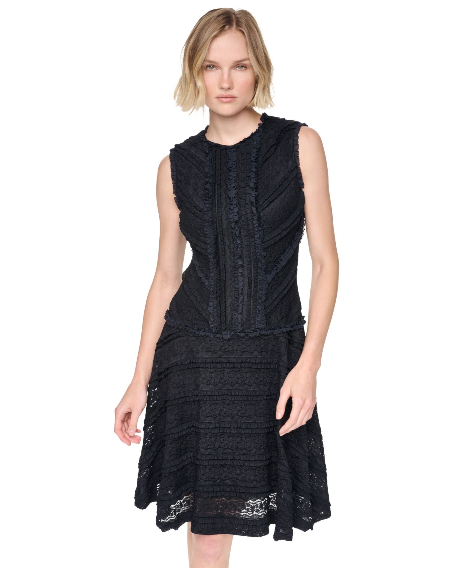 Women's Jewel Neck Ruffle Hem Fit-and-Flare Lace Dress