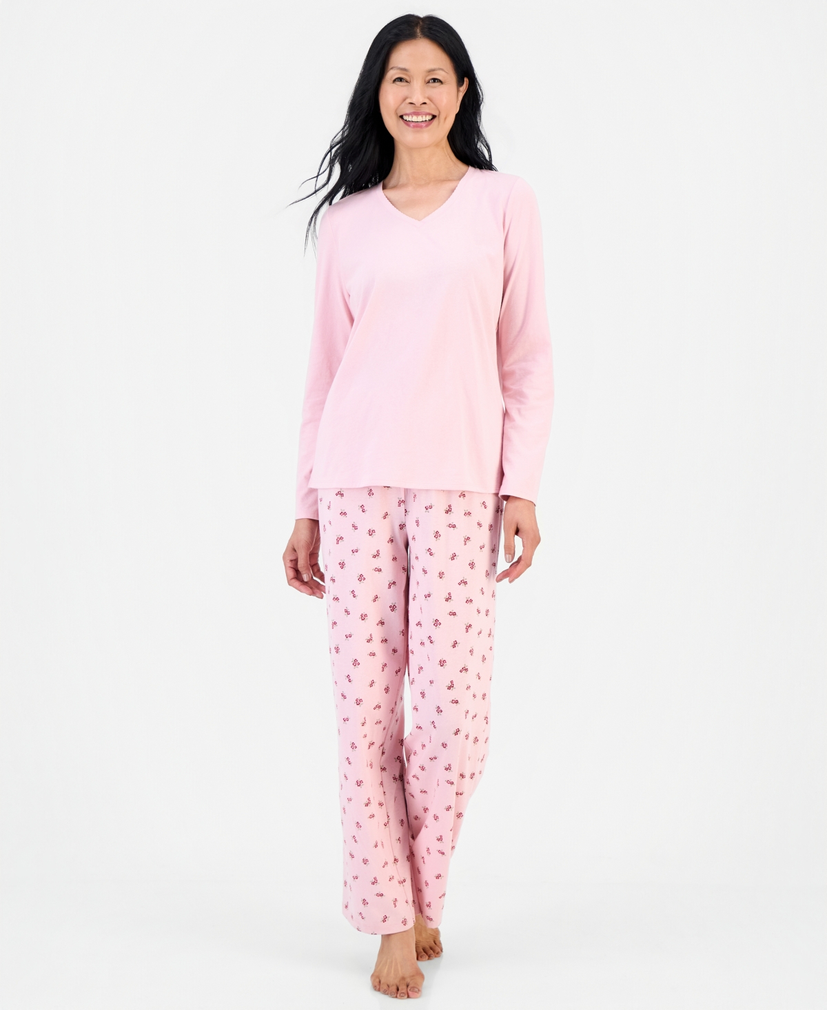 Charter Club Women's Cotton-Blend Long Sleeve V-Neck Pajama Pant Set, Macy's Exclusive - Ditsy Floral