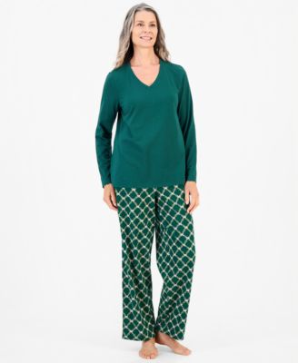 Women's Cotton-Blend Long Sleeve V-Neck Pajama Pant Set