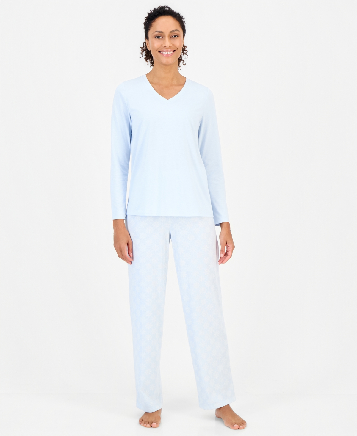 Charter Club Women's Cotton-Blend Long Sleeve V-Neck Pajama Pant Set, Macy's Exclusive - Snowflake Geo