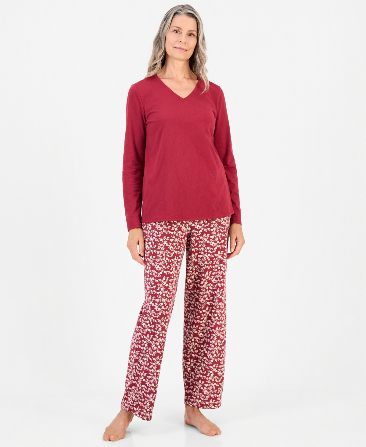 Charter Club Women's Cotton-Blend Long Sleeve V-Neck Pajama Pant Set, Macy's Exclusive - Village Floral