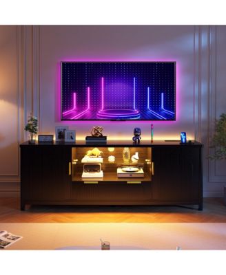 63" Fluted TV Stand with Charging Station, LED Lights and Adjustable