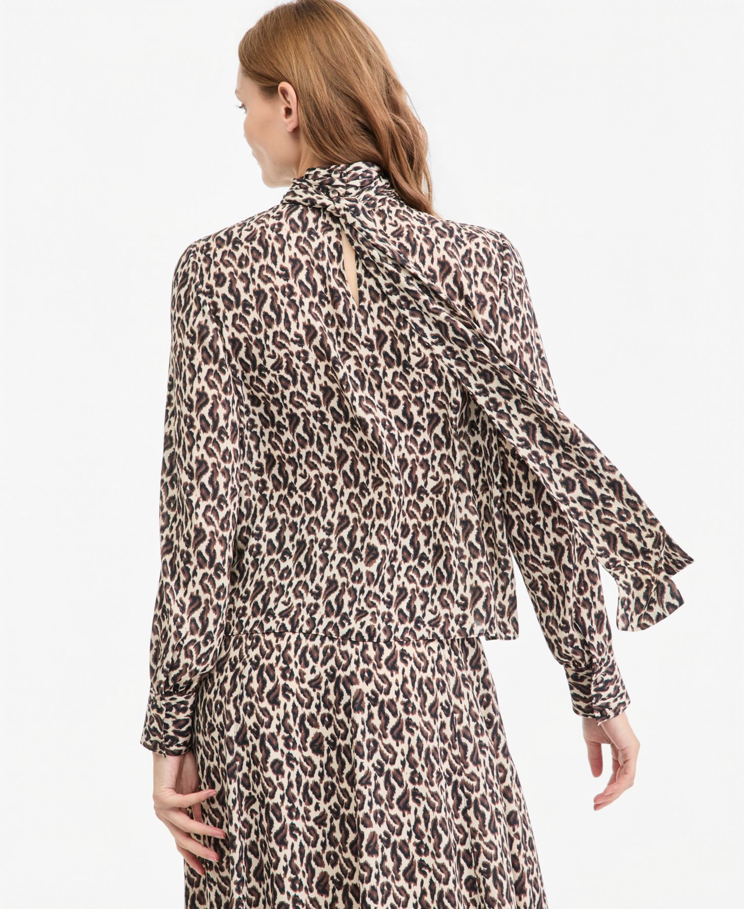 Women's Valentine Neck Tie Leopard-Print Long-Sleeve Blouse