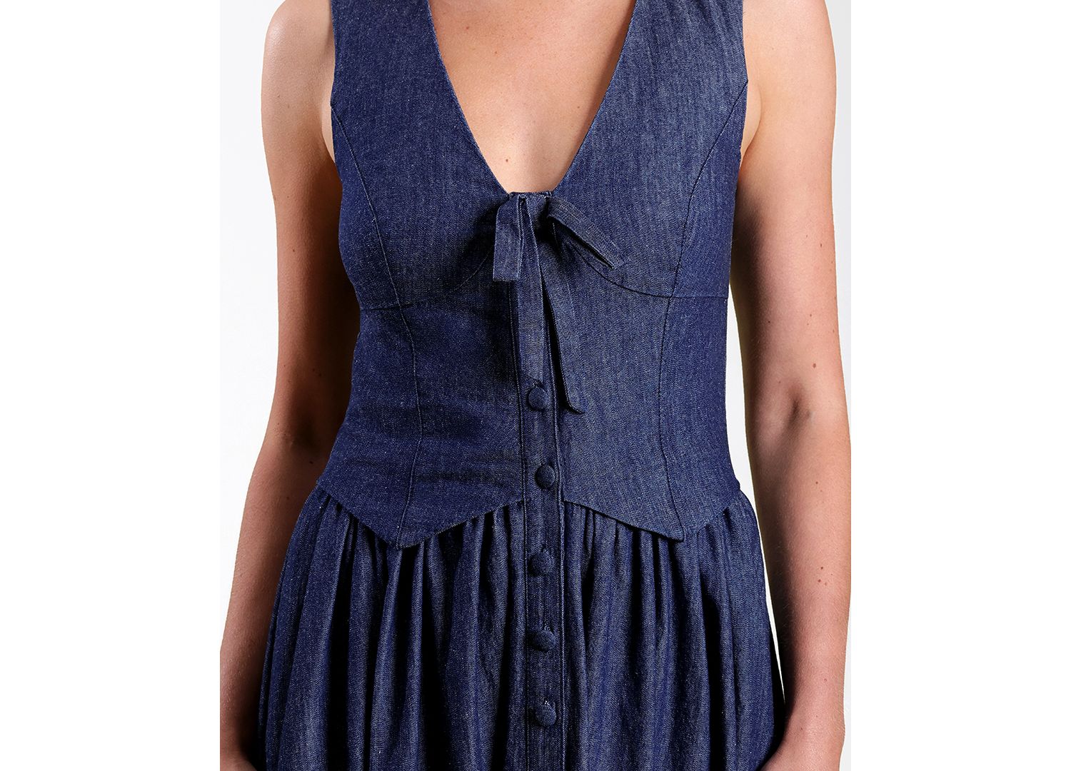 Women's Denim Vest Twofer Sleeveless V-Neck A-Line Midi Dress