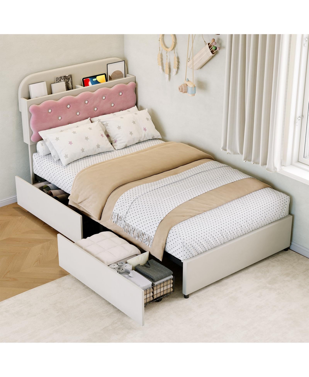 Velvet Upholstered Platform Bed with Biscuit Tufted Storage Headboard, Drawer, Sturdy Wood Slats, No Box Spring Needed