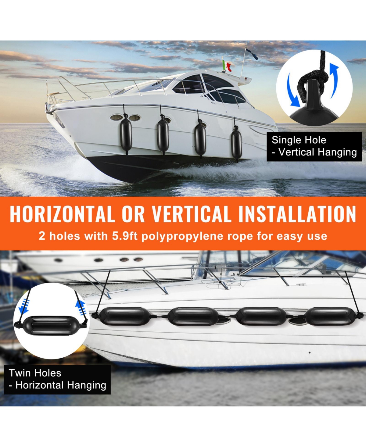 Sevorley Boat Fenders 4-Pack, 6.5 x 23 in Inflatable Ribbed Dock Bumpers with Pump and Ropes