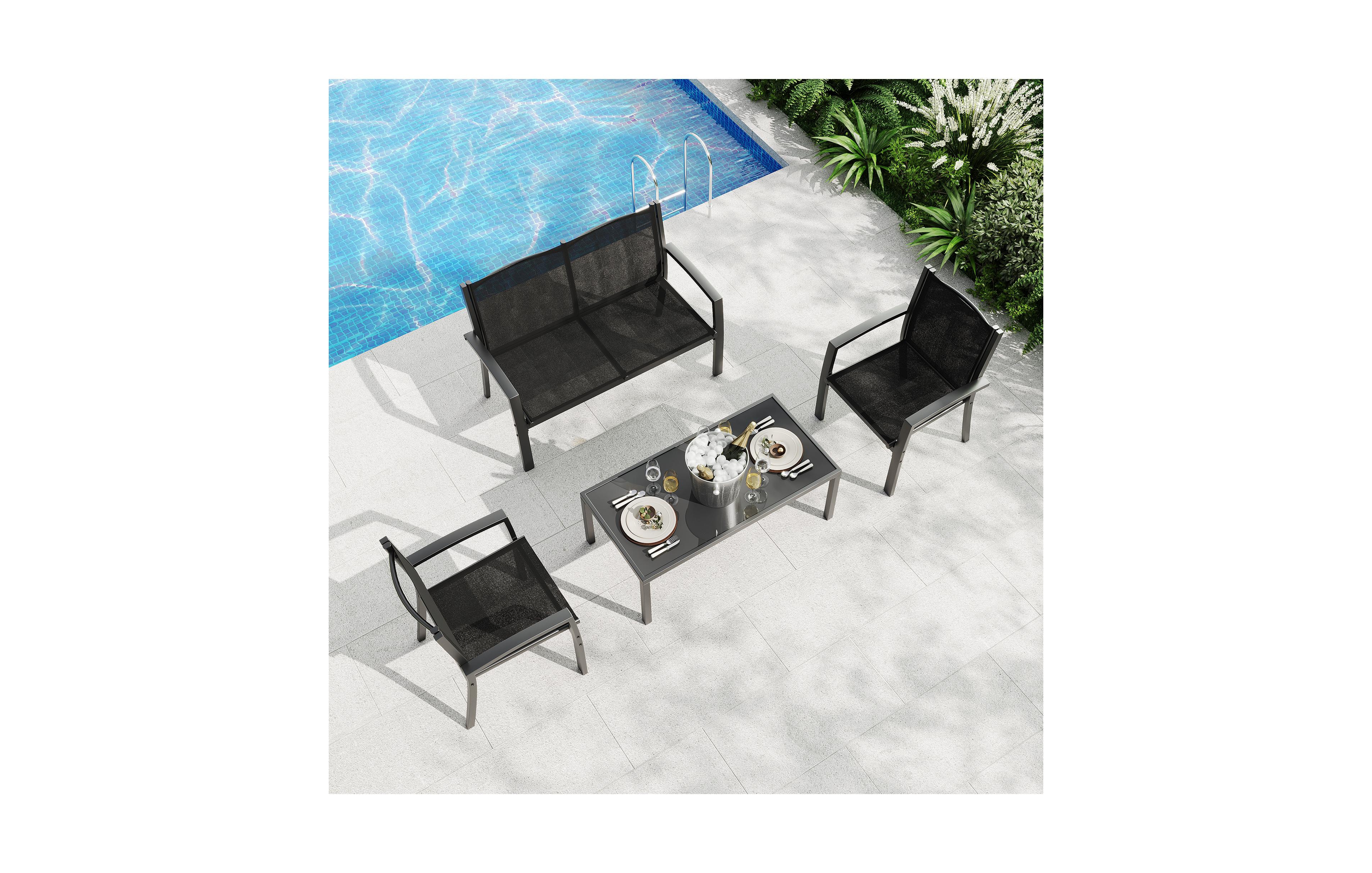 homfan 4-Piece Patio Conversation Set with Loveseat, 2 Chairs and Glass Coffee Table, Textilene Fabric, Metal Frame