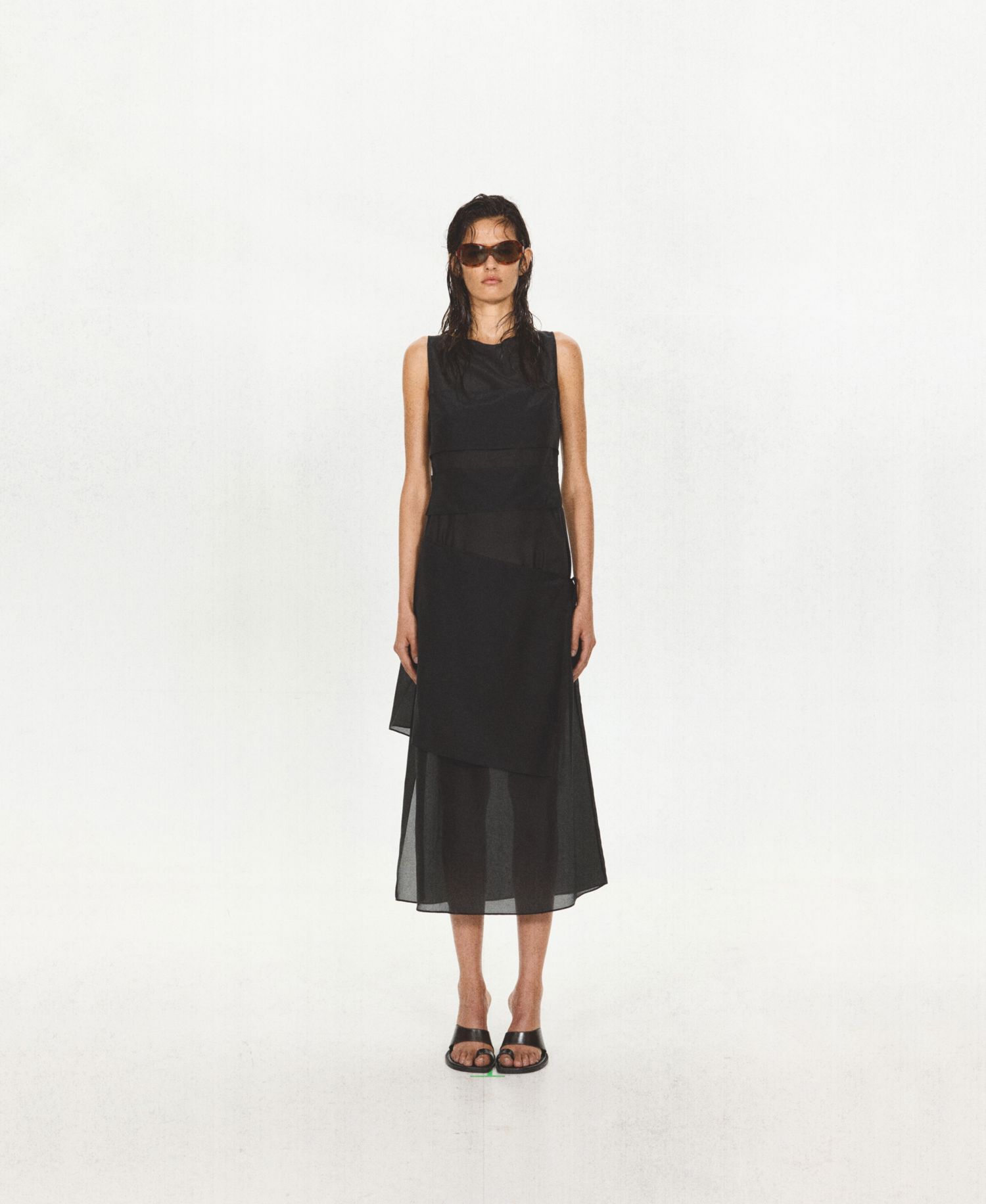 Women's Asymmetrical Overlay Semi-Sheer Midi Dress