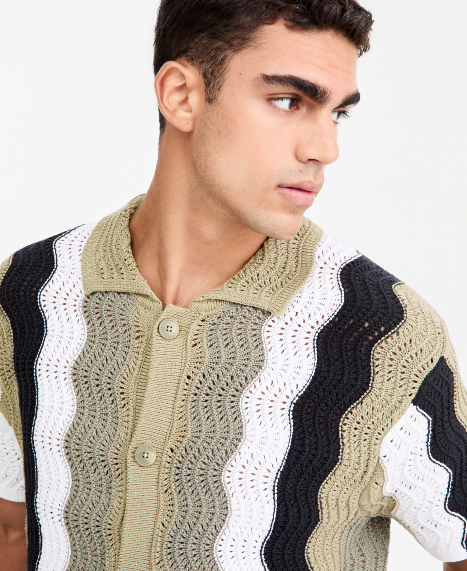 Men's Lightweight Open-Knit Wave Polo Sweater