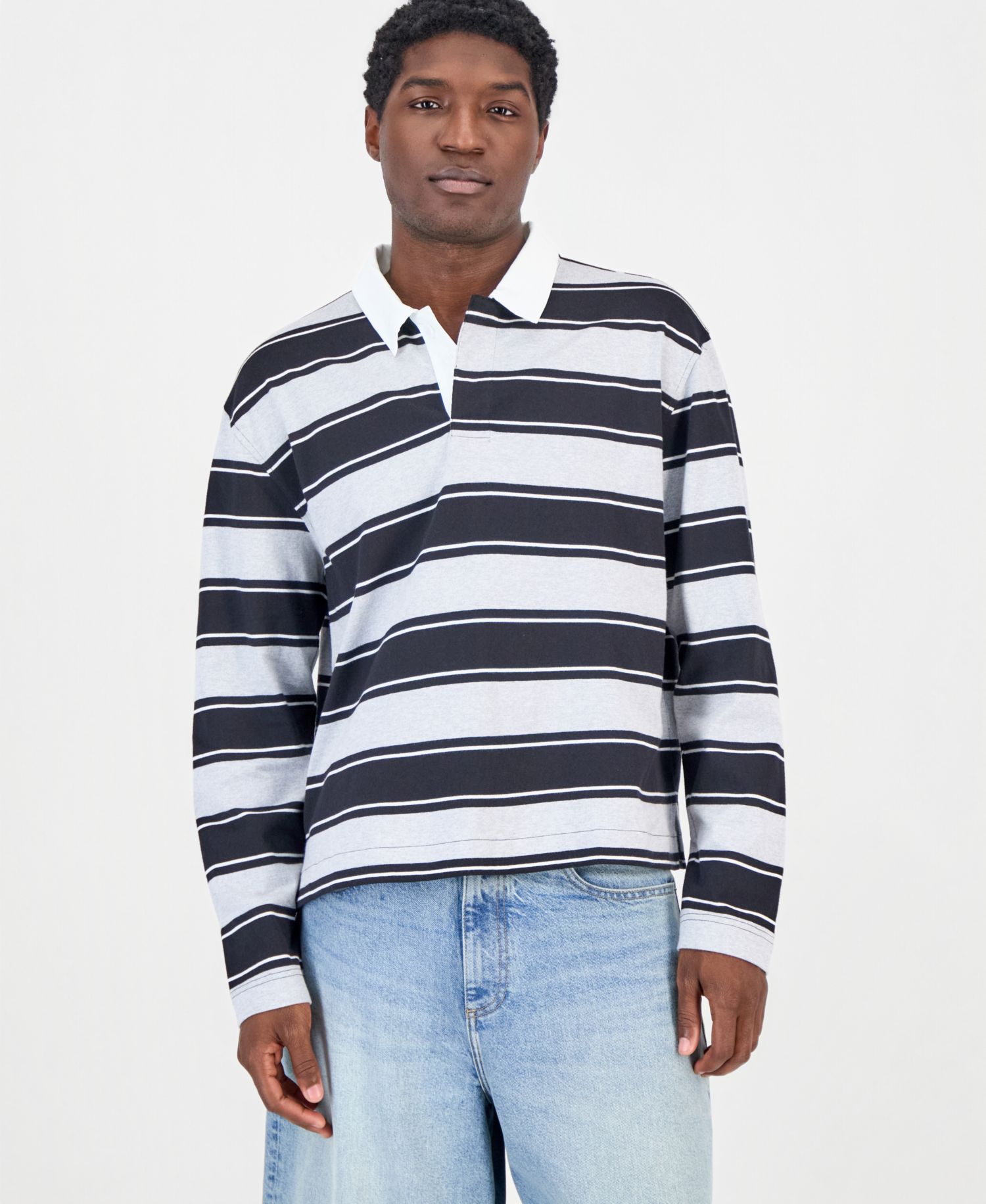 Men's Striped Rugby Long Sleeve Relaxed-Fit Cotton Polo Shirt
