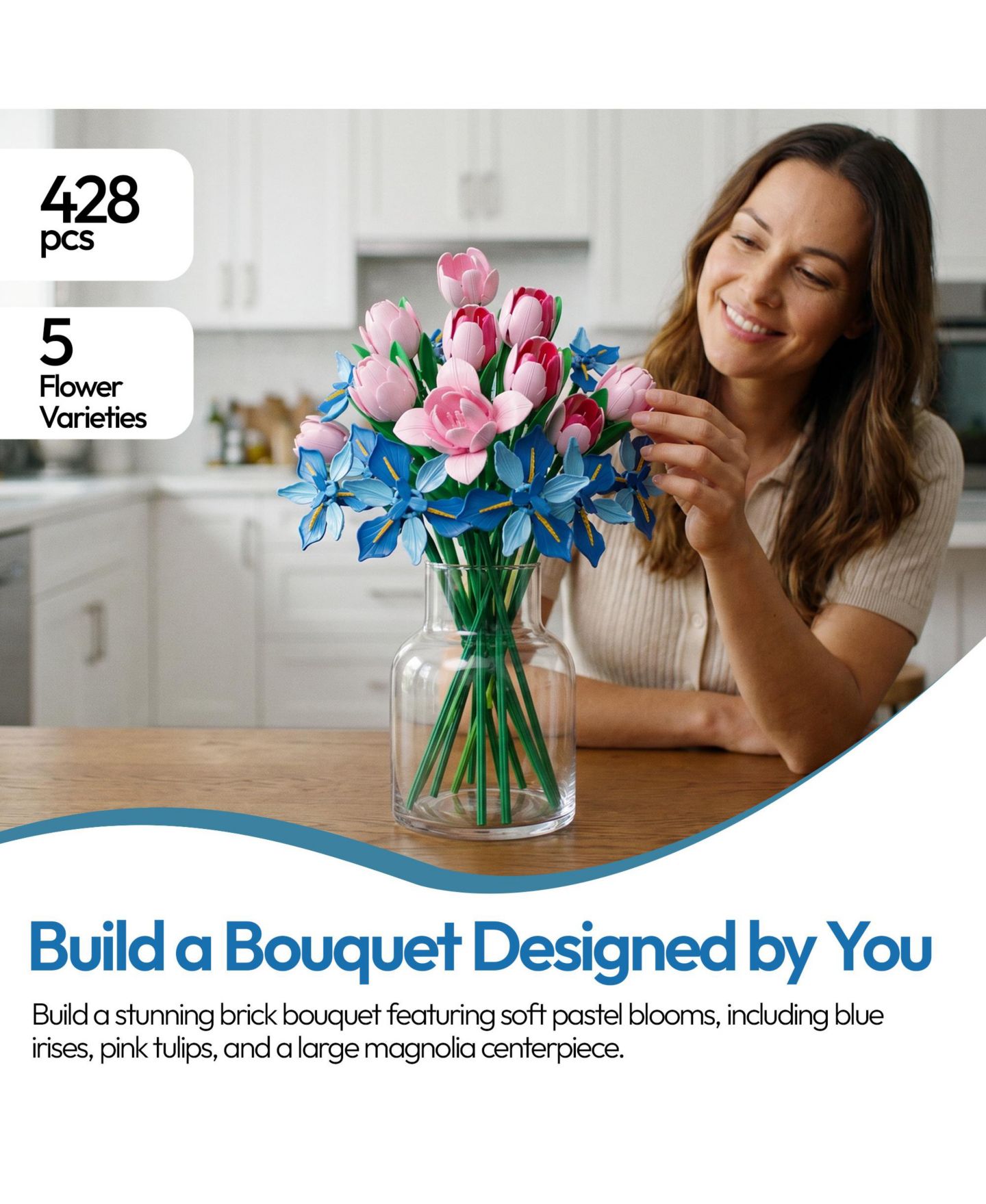 Детский конструктор Contixo BK08 Tulip & Iris Flower Bouquet Building Set, 428-Piece Pink & Blue Floral Brick Kit with Adjustable Stems, Creative Home Décor Gift, Ages 8+, цвет: Розовый / Синий — фото 11