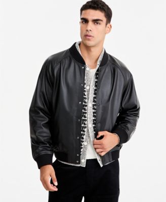 Men's Relaxed-Fit Ribbed Leather Bomber Jacket
