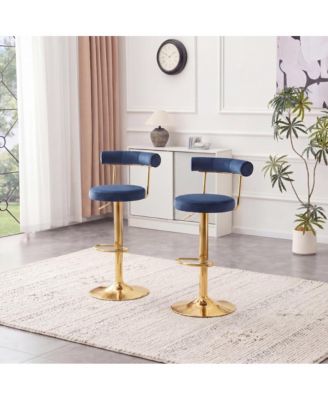 Velvet Upholstered Swivel Adjustable Bar Stools Set of 2, Counter-Height Bar Chairs with Gas Lift, Electroplated Gold Base