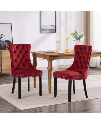 Upholstered Dining Chairs , Beige Velvet Upholstery High-Back Side Chairs, Tufted Nailhead-Trim Dining Chairs with Solid Wood Legs