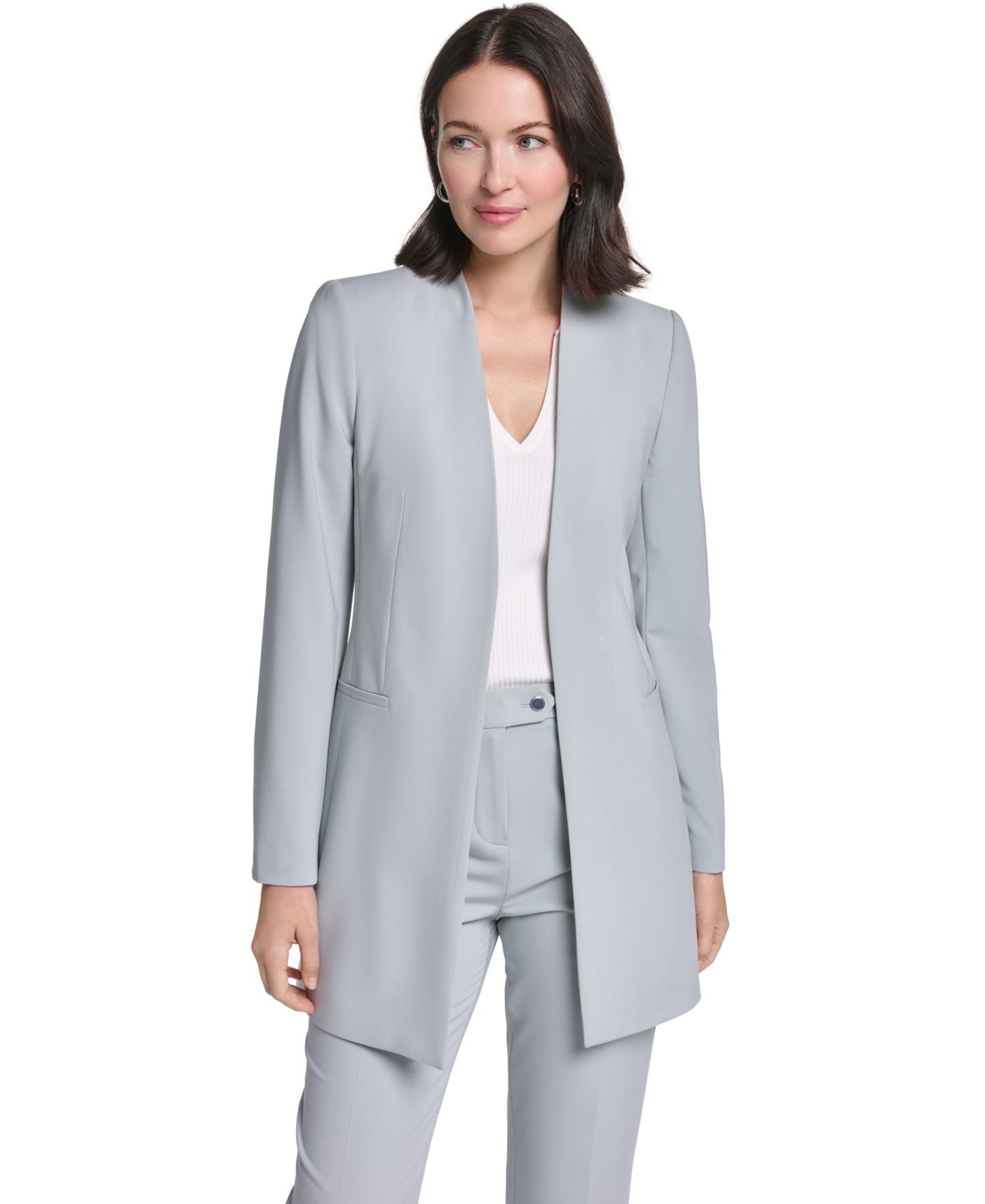 Женская куртка Calvin Klein Collarless Open-Front Long Topper, цвет: Серебряный шалфейный — фото 1