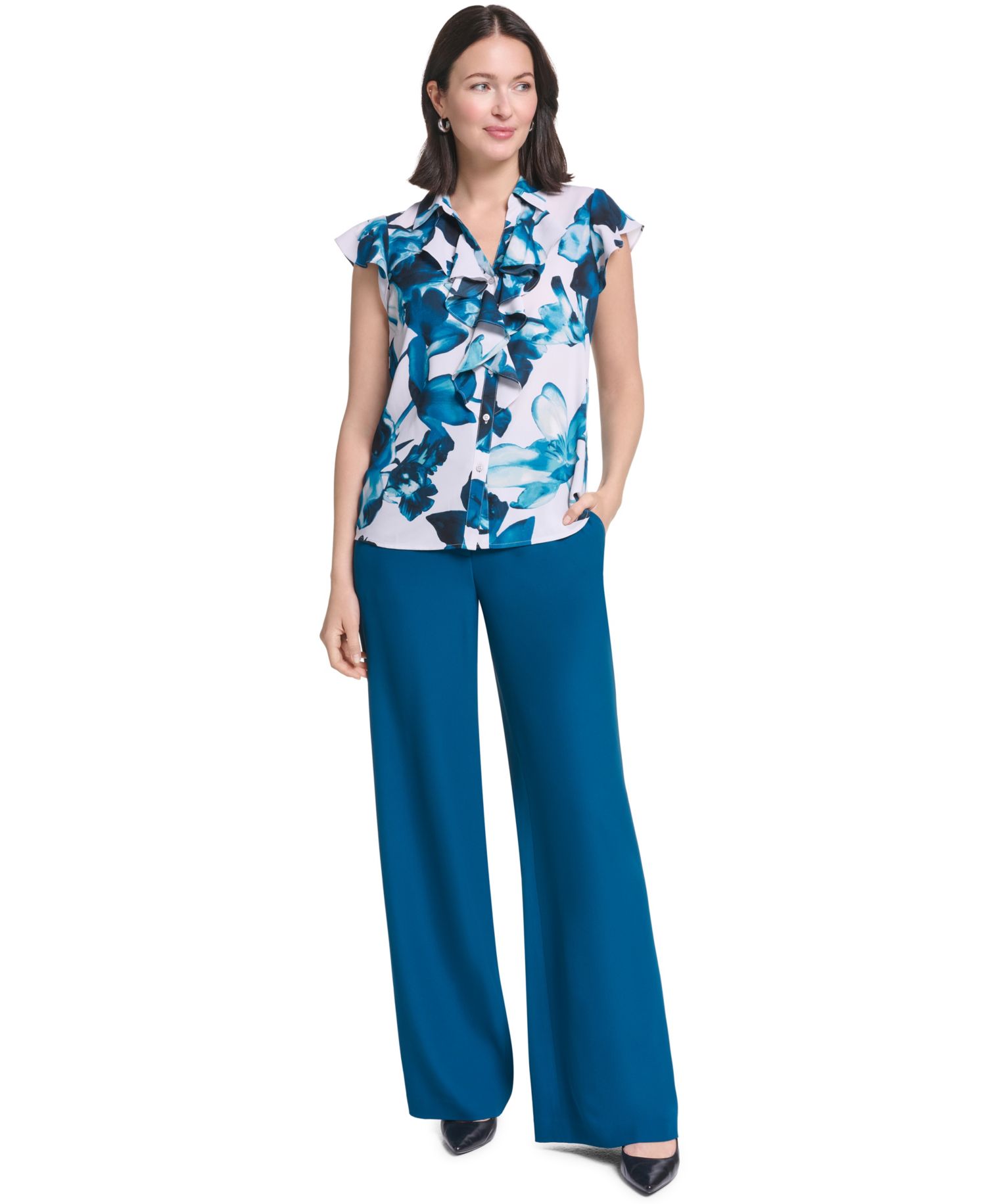 Women's Ruffle Front Floral Collared Blouse
