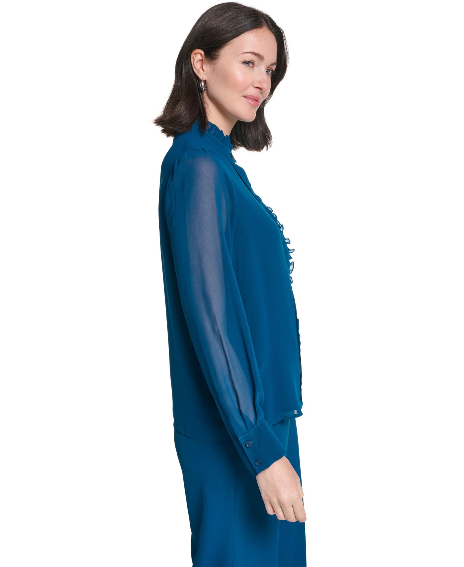 Women's Long-Sleeve Mock Neck Ruffle Front Blouse