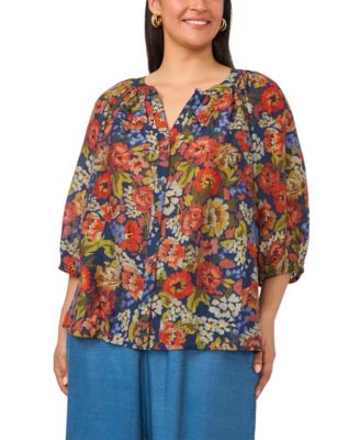 Plus Size Raglan Sleeve V-Neck 3/4-Sleeve Blouse