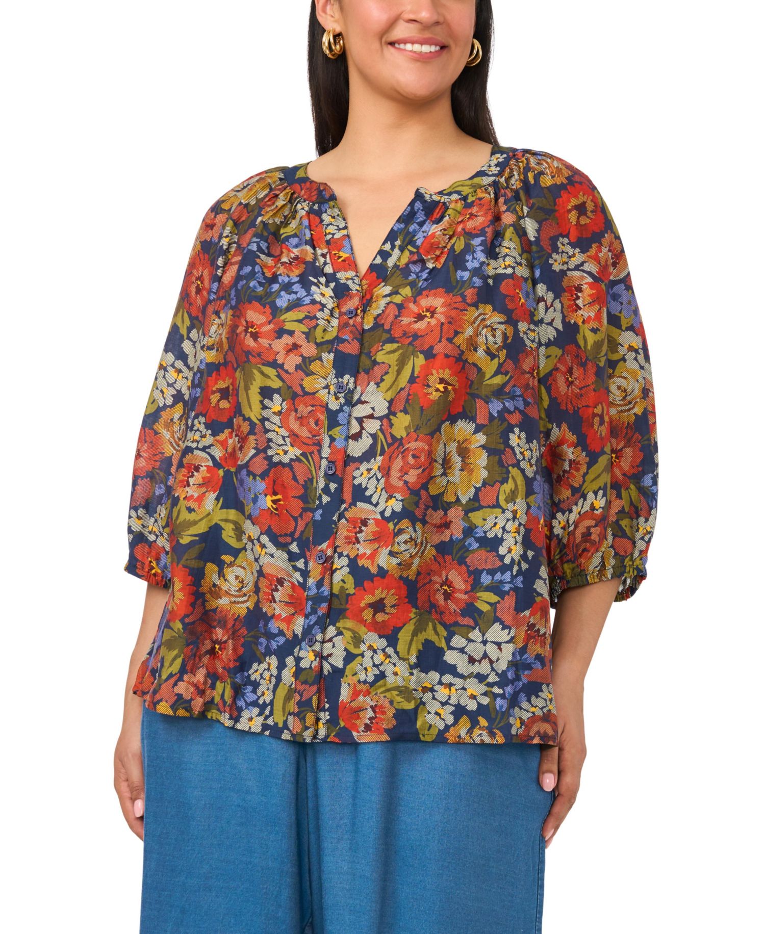 Plus Size Raglan Sleeve V-Neck 3/4-Sleeve Blouse