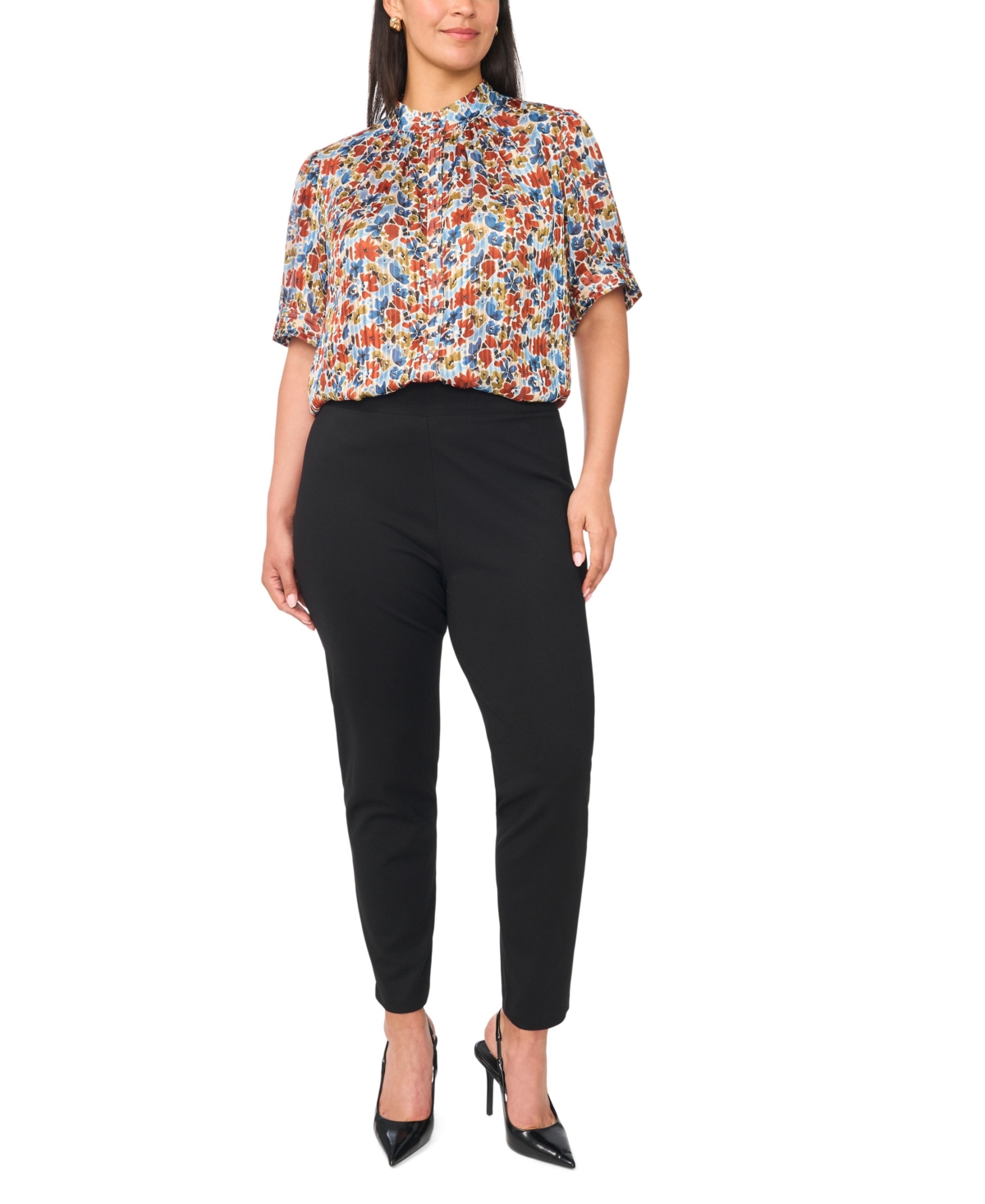 Vince Camuto Plus Mock Neck Button-Front Blouse