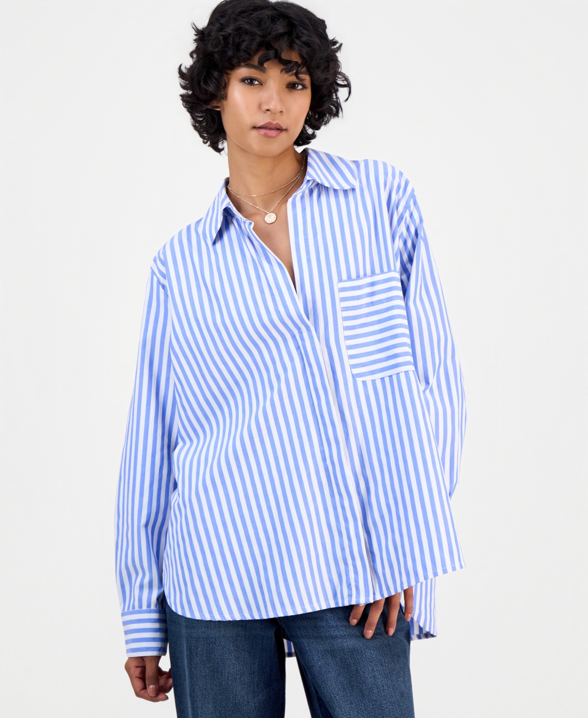 French Connection Women's Striped Long-Sleeve V-Neck Button-Down Shirt