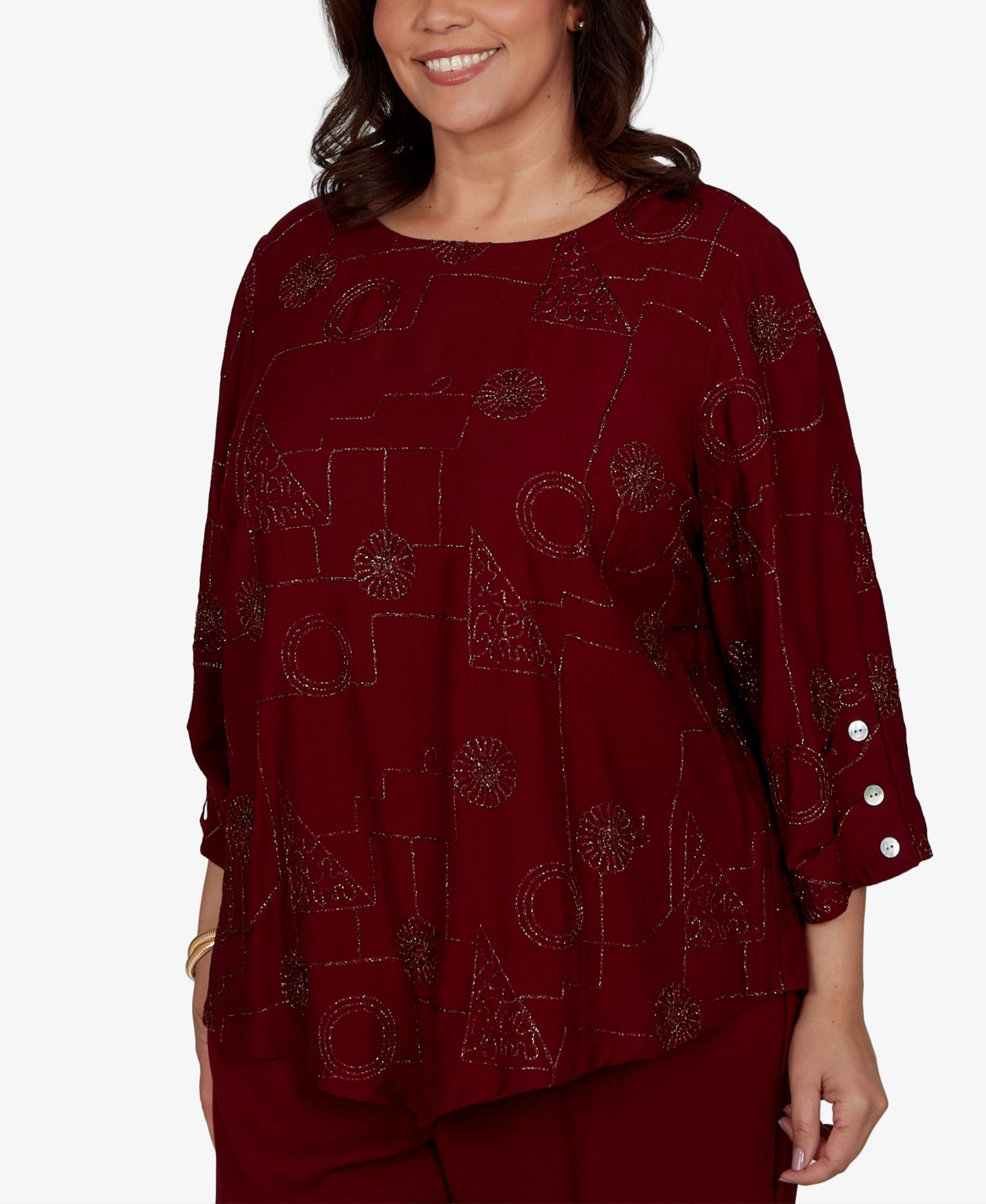 Plus Size Union Square 3/4-Sleeve Floral Soutache Detailing Blouse
