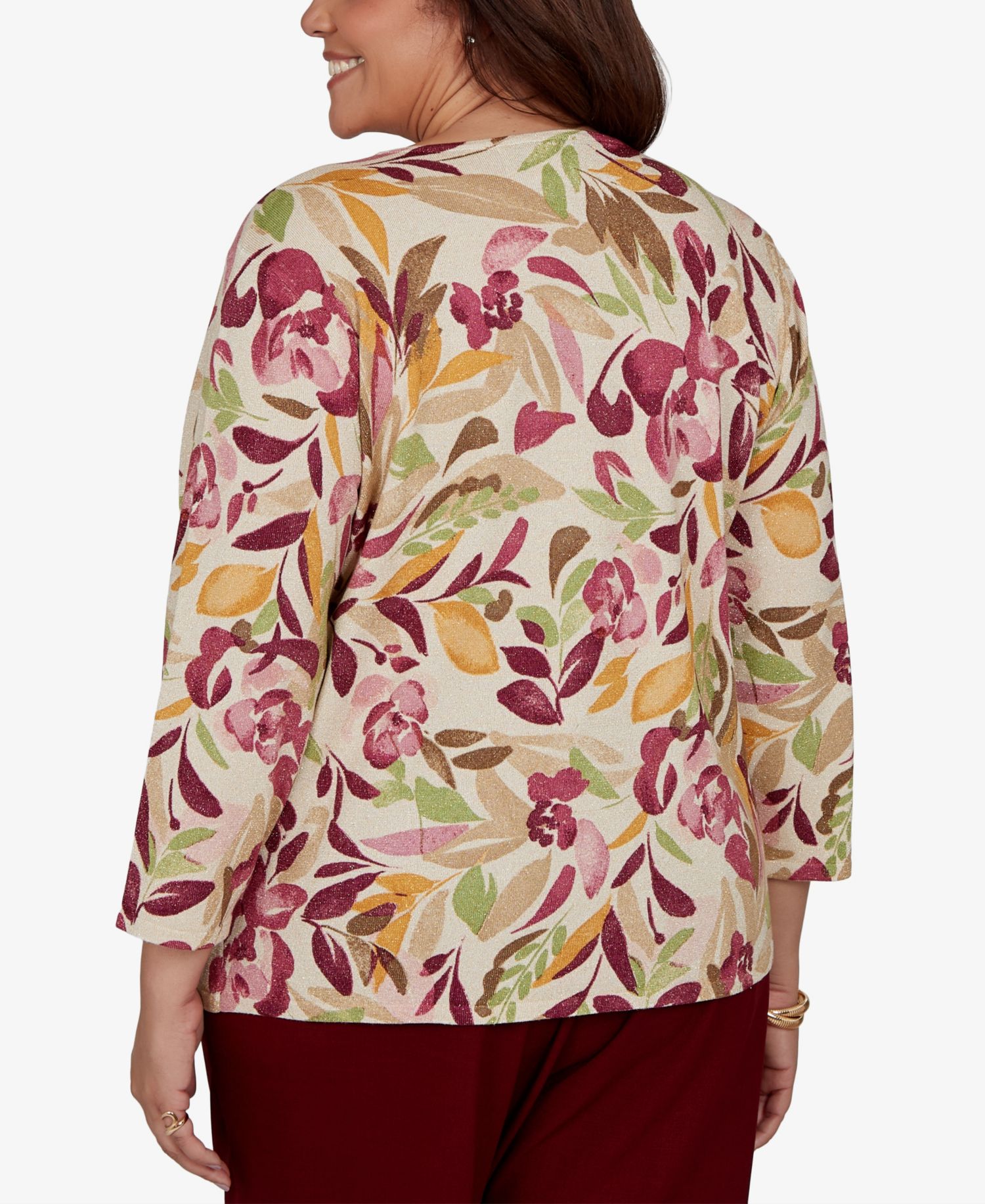 Plus Size Union Square Floral-Print 3/4-Sleeve Shimmer Sweater