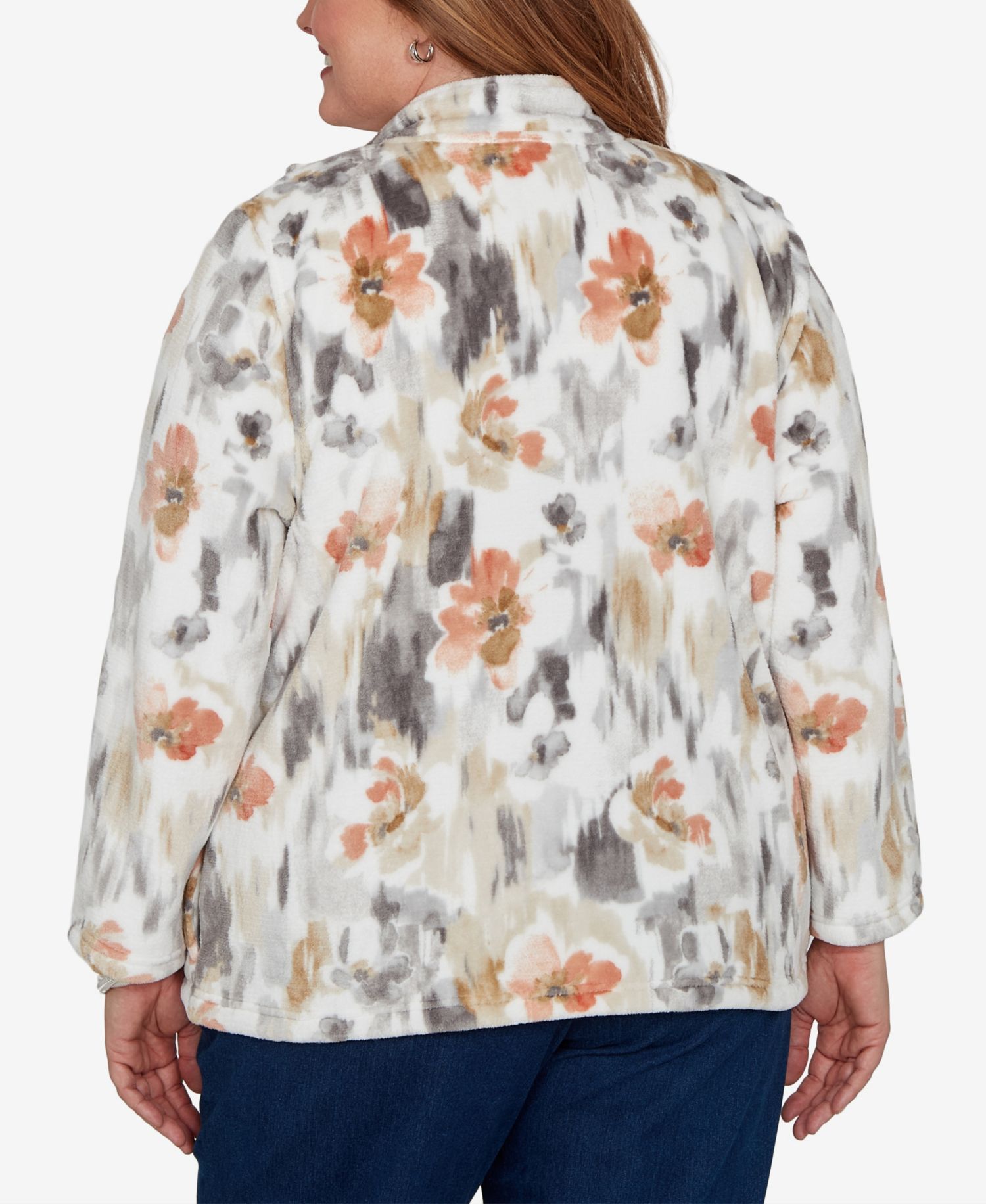 Plus Size Watercolor-Floral Cozy-Fleece Zip Jacket