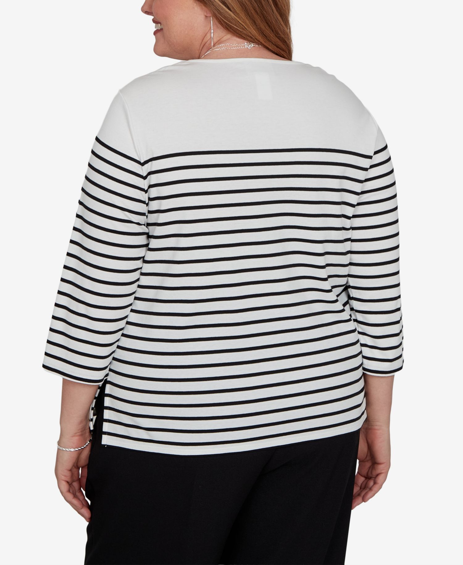 Plus Size Stripe 3/4-Sleeve Crewneck Knit Top