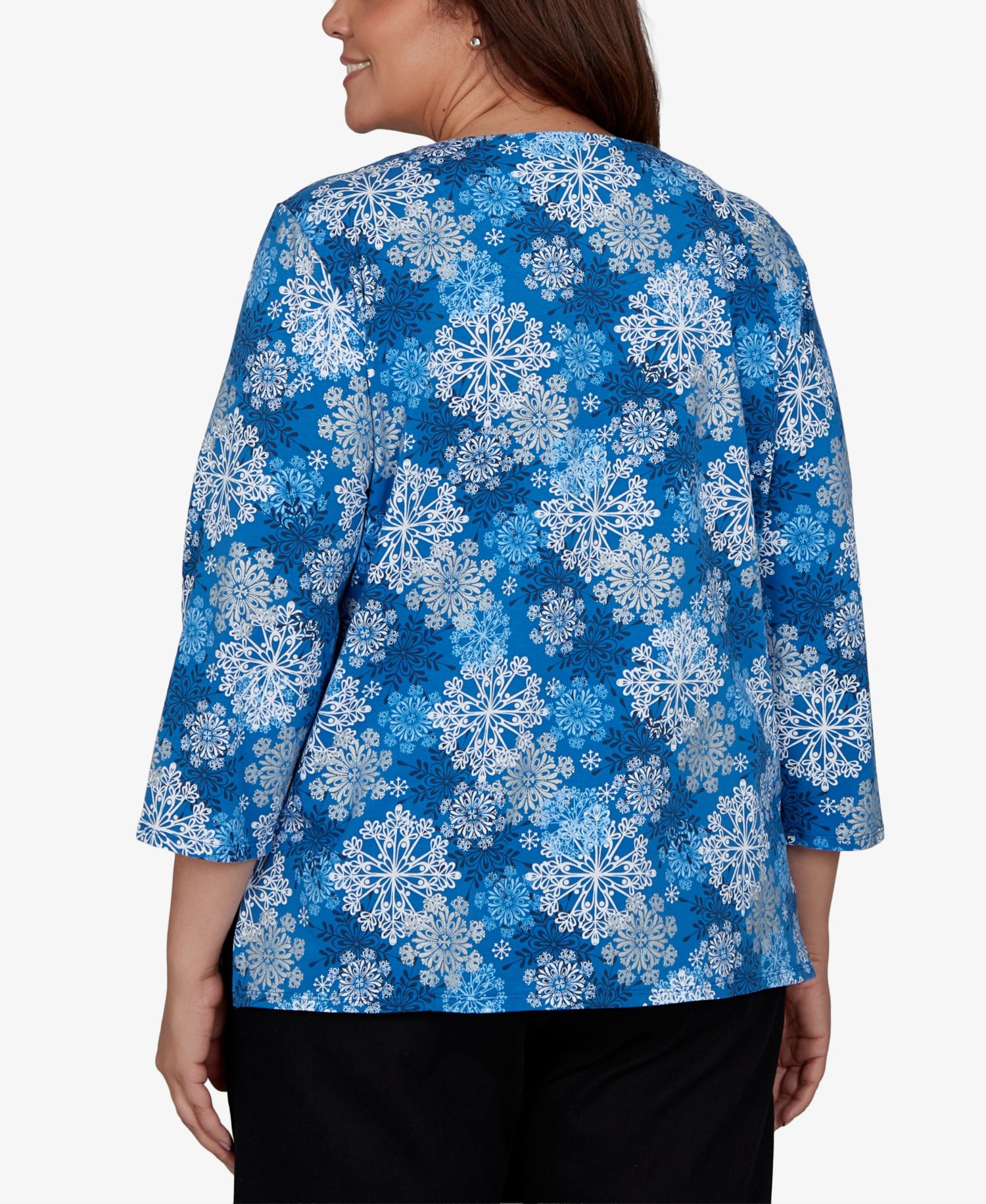 Plus Size Snowflake-Print 3/4-Sleeve Knit Top